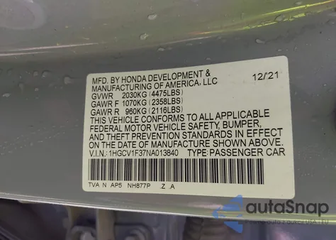 2022 Honda Accord Sport from USA, damaged, VIN 1HGCV1F37NA013840